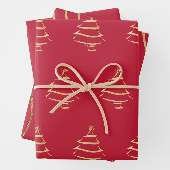 Red Gold Christmas Tree Snowflake Wavy Lines Wrapping Paper Sheet (In situ)
