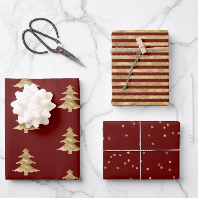 Red Gold Christmas Tree Stripes Sparkle   Wrapping Paper Sheet (Front)