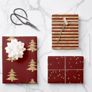 Red Gold Christmas Tree Stripes Sparkle   Wrapping Paper Sheet
