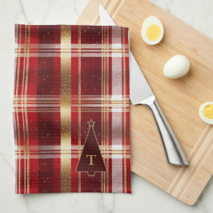Red Gold Christmas Tree Tartan Pattern#7 ID1009 Tea Towel