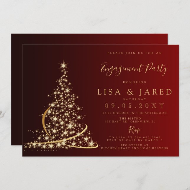 Red Gold Christmas Tree Winter Engagement Party  Invitation (Front/Back)