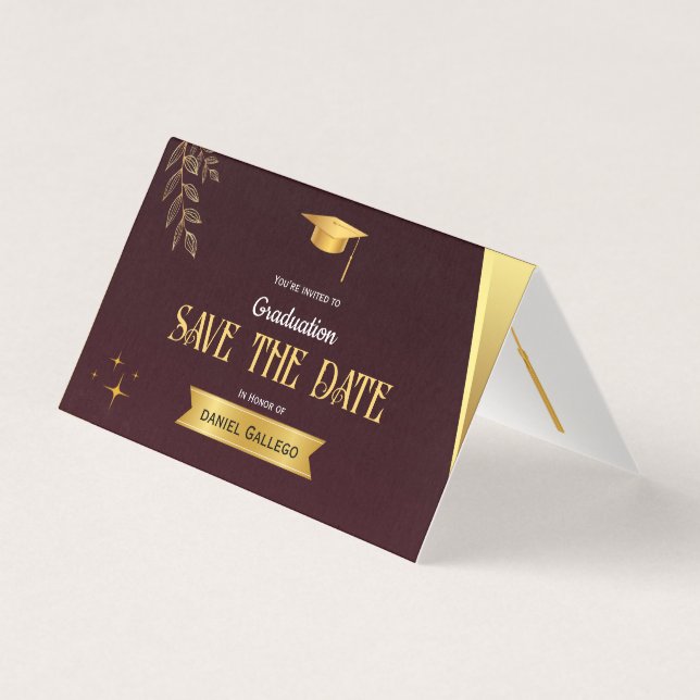 Red Gold Classy Graduation Save the Date Card (Front)