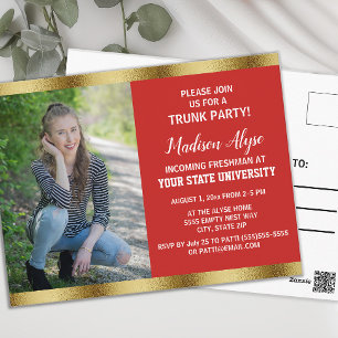 Red Gold College Trunk Graduation Party Photo Postcard