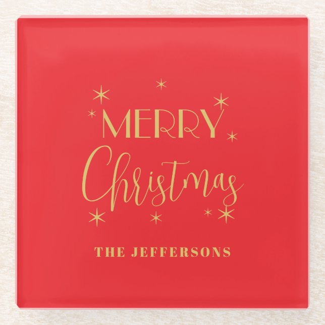 Red & Gold Colors Merry Christmas Family Name Glass Coaster (Front)