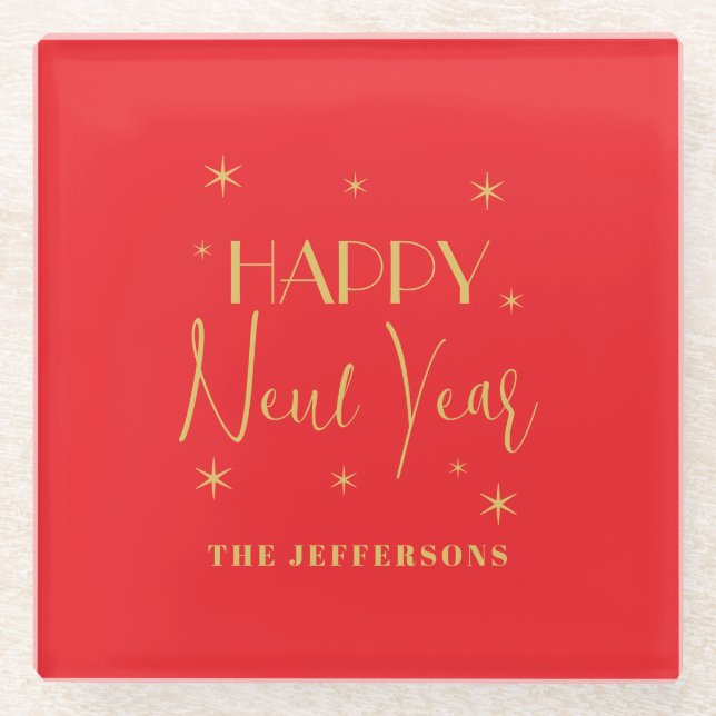 Red & Gold Colors Merry Christmas Family Name Glass Coaster (Front)