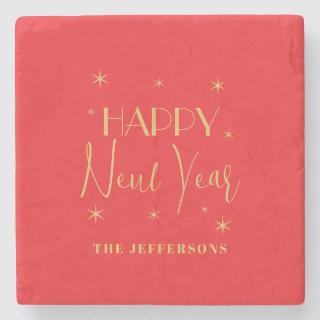 Red & Gold Colors Merry Christmas Family Name Stone Coaster (Front)