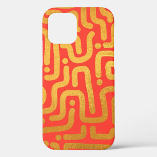 Red Gold coloured abstract lines pattern iPhone 12 Case