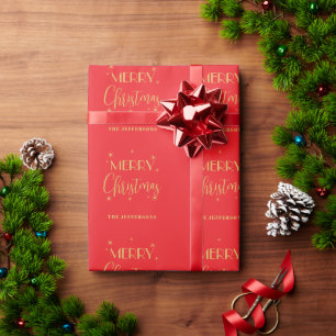 Red & Gold Colours Merry Christmas Family Name Wrapping Paper