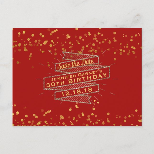 Red Gold Confetti Birthday Save the Date Announcement Postcard (Front)
