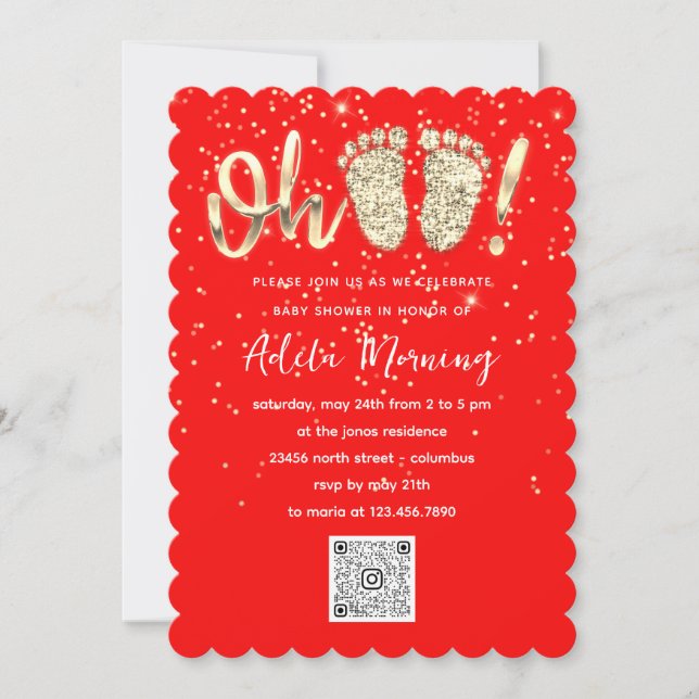 Red Gold Confetti Feet Baby Boy Girl QR CODE  Invitation (Front)