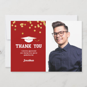 Red Gold Confetti Graduation Photo Thank You Card