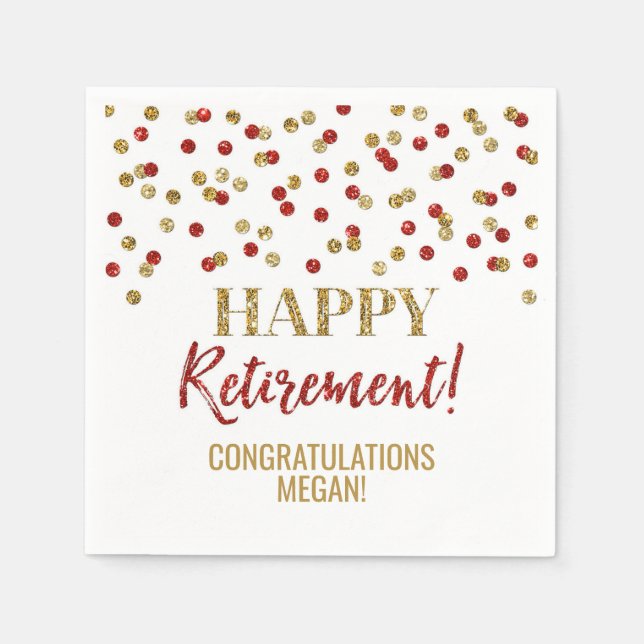 Red Gold Confetti Happy Retirement Napkin (Front)