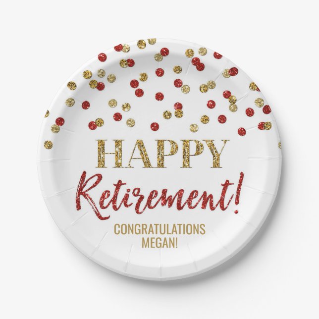 Red Gold Confetti Happy Retirement Paper Plate (Front)