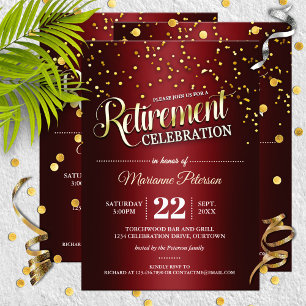 Red Gold Confetti Retirement Party Invitations