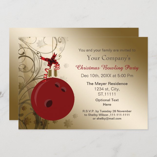 red gold Corporate holiday Bowling party Invite (Front/Back)