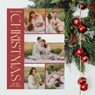 Red Gold Couple First Christmas Photo Collage Arch Foil Holiday Card