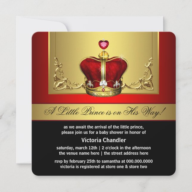 Red Gold Crown Prince Baby Shower Invitation (Front)