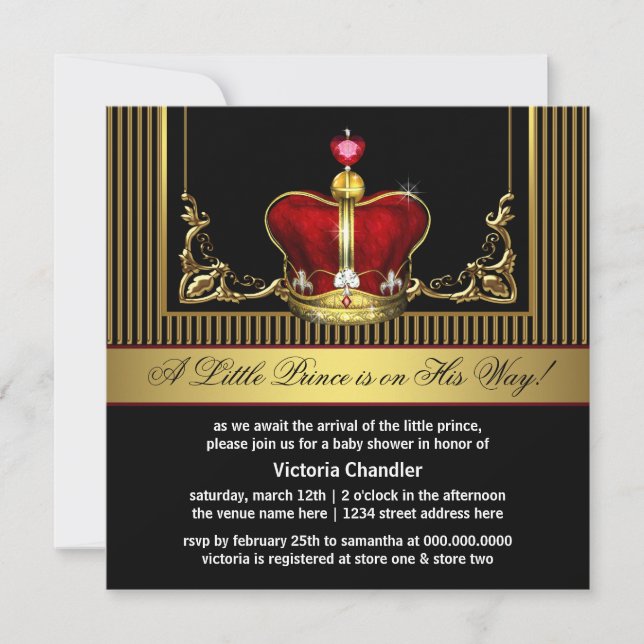 Red Gold Crown Prince Baby Shower Invitations (Front)