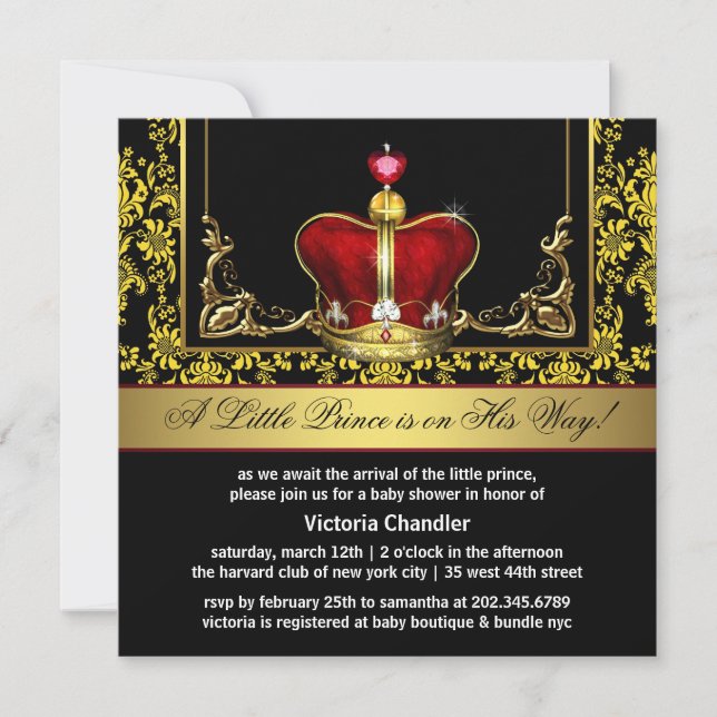 Red Gold Crown Prince Baby Shower Invitations (Front)