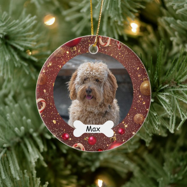 Red Gold Custom Pet Puppy Dog Photo Ceramic Ornament (Tree)