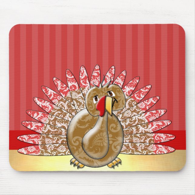 Red Gold Cute Cartoon Turkey Damask Pattern Mouse Pad (Front)