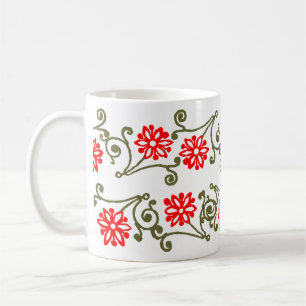 Red Gold Daisy and Curls Etching Coffee Mug