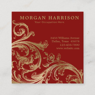 Red Gold Damask Baroque Swirl Square Business Card
