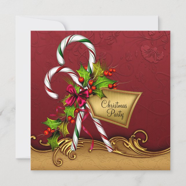 Red Gold Damask Candy Canes Christmas Party Invitation (Front)