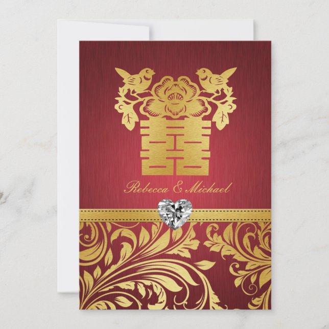 Red & Gold Damask, Chinese Double Happiness Invite (Front)
