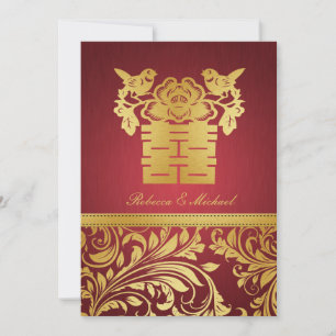 Red & Gold Damask, Chinese Double Happiness Invite