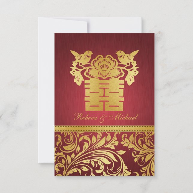 Red & Gold Damask, Chinese Double Happiness RSVP (Front)