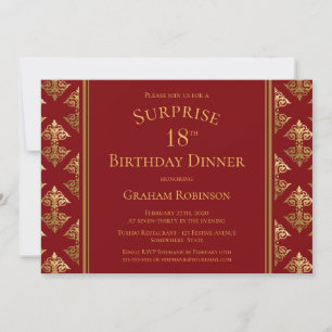 Red Gold Damask Surprise 18th Birthday Dinner Invitation