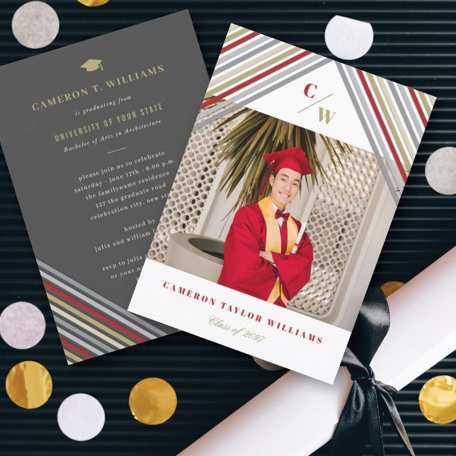Red Gold Diagonal Stripes Modern Graduation Party Invitation (Creator Uploaded)