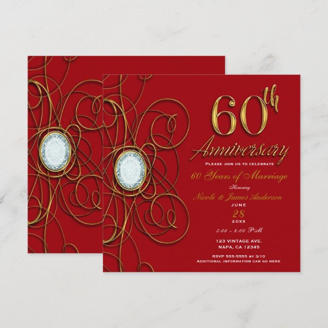 Red & Gold Diamond 60 60th Anniversary Invitation (Front/Back)