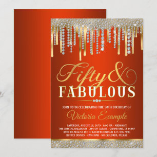 Red Gold Diamond Drip Fabulous 50 Birthday Party Invitation