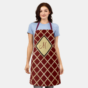Red Gold Diamond Geometric Pattern Monogram Apron