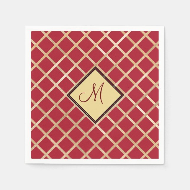 Red Gold Diamond Geometric Pattern Monogram Napkin (Front)