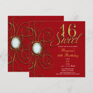 Red & Gold Diamond Sweet 16 Birthday Invitation
