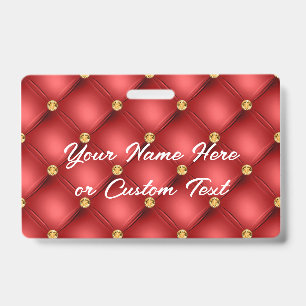Red Gold Diamond Tufted Custom Text Name Badge ID Badge