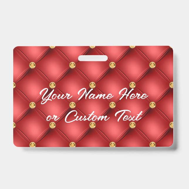 Red Gold Diamond Tufted Custom Text Name Badge ID Badge (Front)