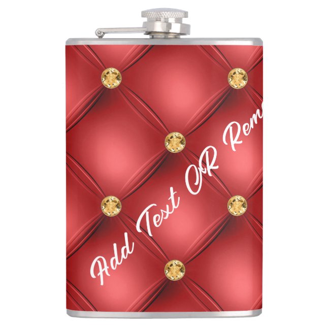 Red Gold Diamond Tufted Flask with Custom Text (Front)