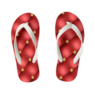 Red Gold Diamond Tufted Leather Kid's Flip Flops