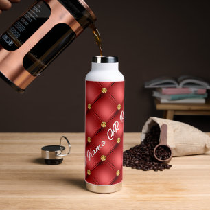Red Gold Diamond Tufted Water Bottle Custom Text