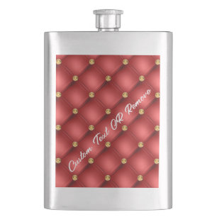 Red Gold Diamond Tufted Your Text Name Flask Gift