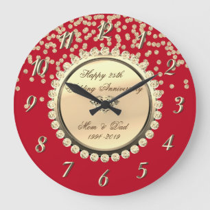Red Gold Diamonds 25th Wedding Anniversary Large Clock