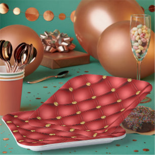 Red Gold Diamonds Tufted Paper Plates