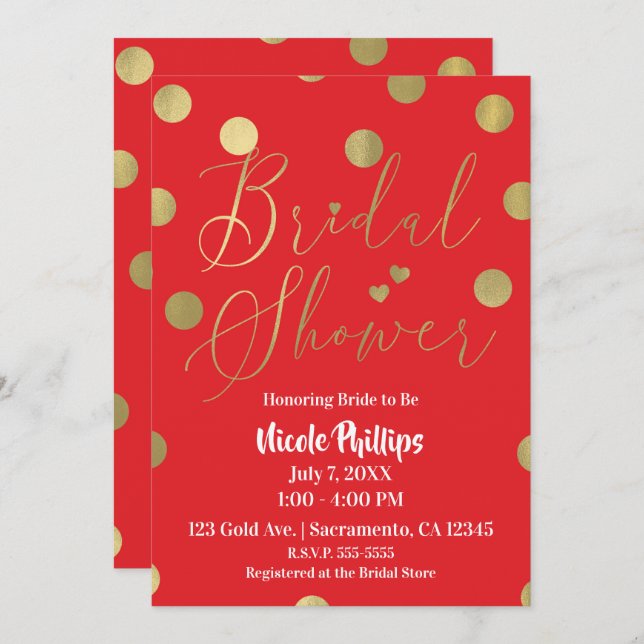 Red & Gold Dots Modern Glam Bridal Shower Invitation (Front/Back)