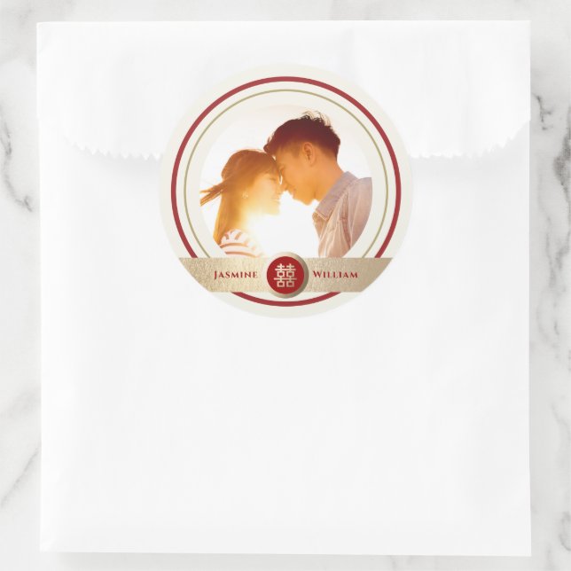 Red & Gold Double Happiness Photo Chinese Wedding Classic Round Sticker (Bag)