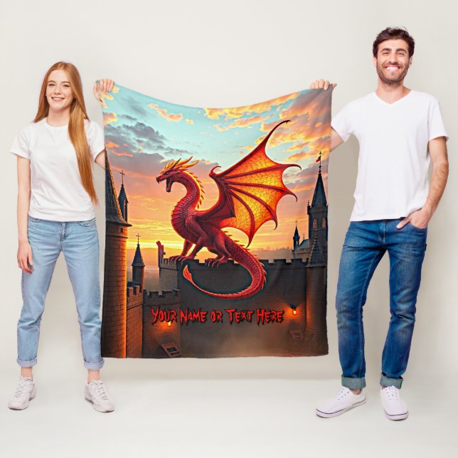 Red & Gold Dragon Guarding Castle Fleece Blanket (In Situ)
