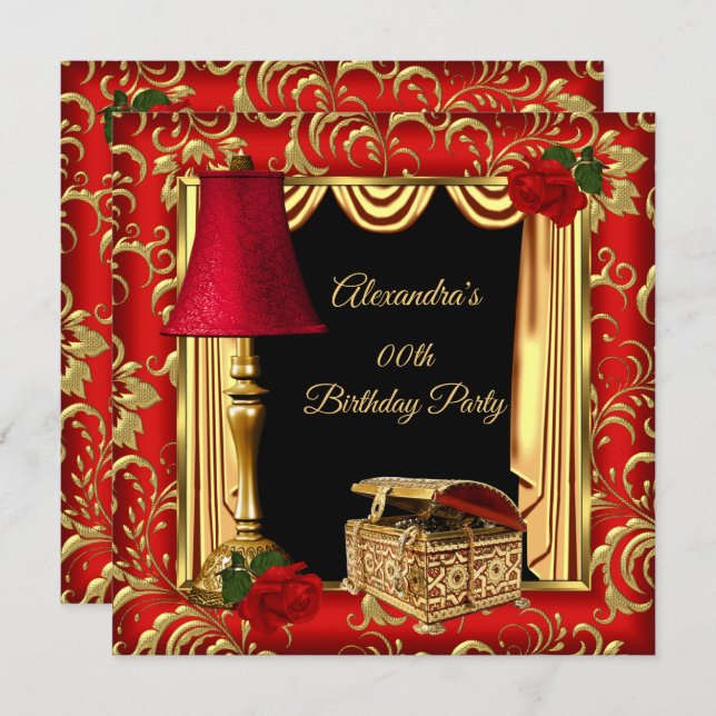 Red Gold Drapes Roses lamp jewel box Birthday Invitation (Front/Back)